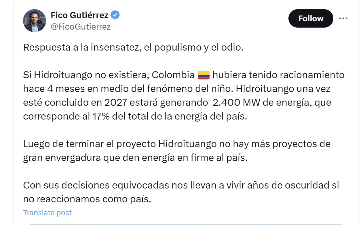 El alcalde Federico Gutiérrez defendió el proyecto de Hidroituango - crédito @FicoGutierrez/X