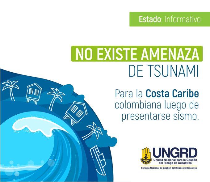 La Unidad Nacional para la Gestión del Riesgo de Desastres (Ungrd) señaló que no hay riesgos de maremotos en Colombia, luego del sismo que tuvo epicentro en aguas de Venezuela el sábado en la noche. (Crédito: @UNGRD / X)