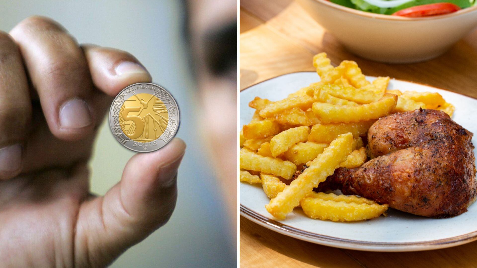 mano con moneda de 5 soles y plato de pollo a la brasa