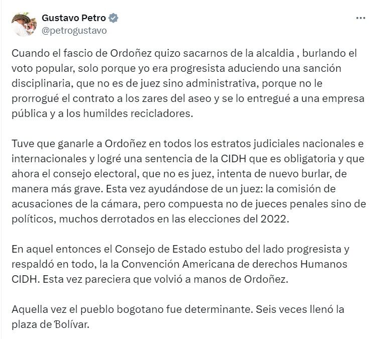 El mandatario recordó la situación que vivió cuando fue destituido de la Alcaldía de Bogotá en 2013 por el entonces procurador Alejandro Ordóñez - crédito @petrogustavo/X