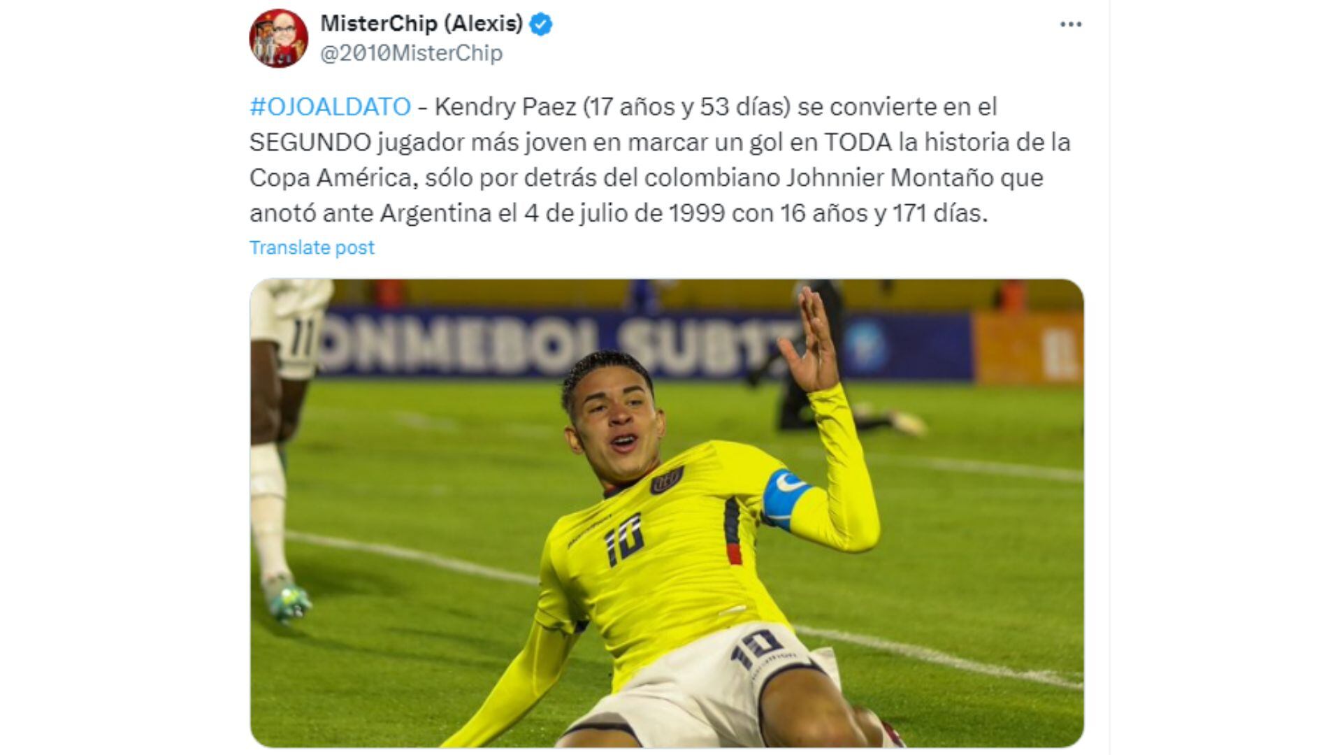 Kendry Páez es el segundo jugador más joven en anotar en la historia de la Copa América.