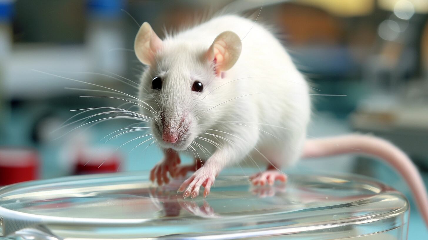 Un ratón blanco de laboratorio se encuentra sobre un recipiente de vidrio, en un entorno científico donde se realizan pruebas con animales para el desarrollo de fármacos y nuevas investigaciones en el campo de la salud. (Imagen ilustrativa Infobae)