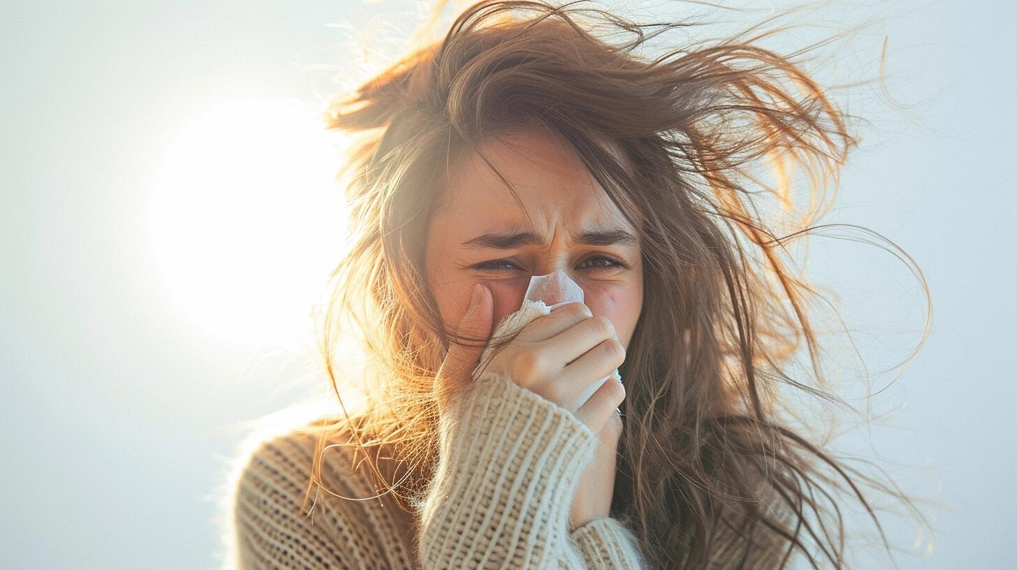 Una mujer joven se cubre la cara con un pañuelo mientras estornuda, evidenciando síntomas de un resfrío o gripe. La imagen transmite la idea del impacto de enfermedades comunes como la gripe en la vida diaria, enfocándose en los gestos habituales que acompañan estos malestares. (Imagen ilustrativa Infobae)