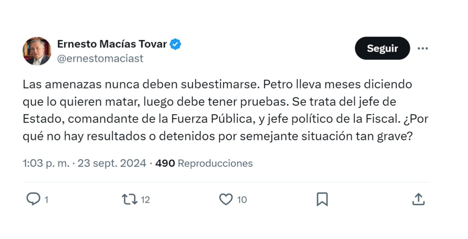 Ernesto Macías no cree en supuesto atentado contra Gustavo Petro