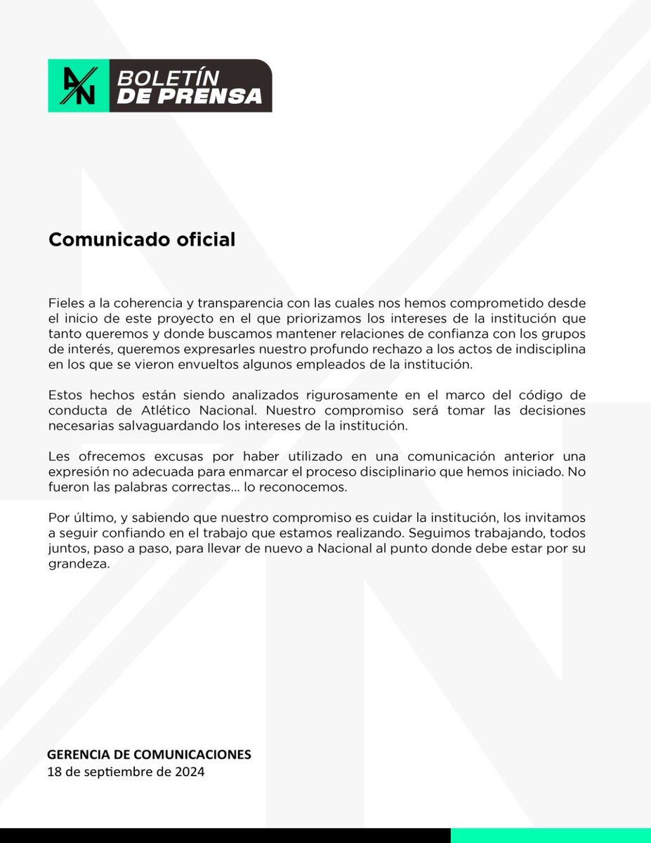 El club se pronunció oficialmente tras la fiesta en la que estuvieron envueltos varios de los jugadores del cuadro Verdolaga - crédito @nacionaloficial/X