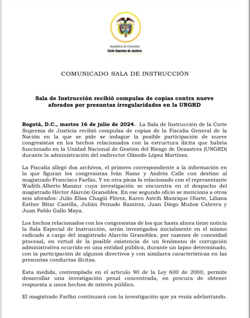 Comunicado de la Corte Suprema de Justicia sobre el caso de corrupción de la Ungrd - crédito Corte Suprema de Justicia