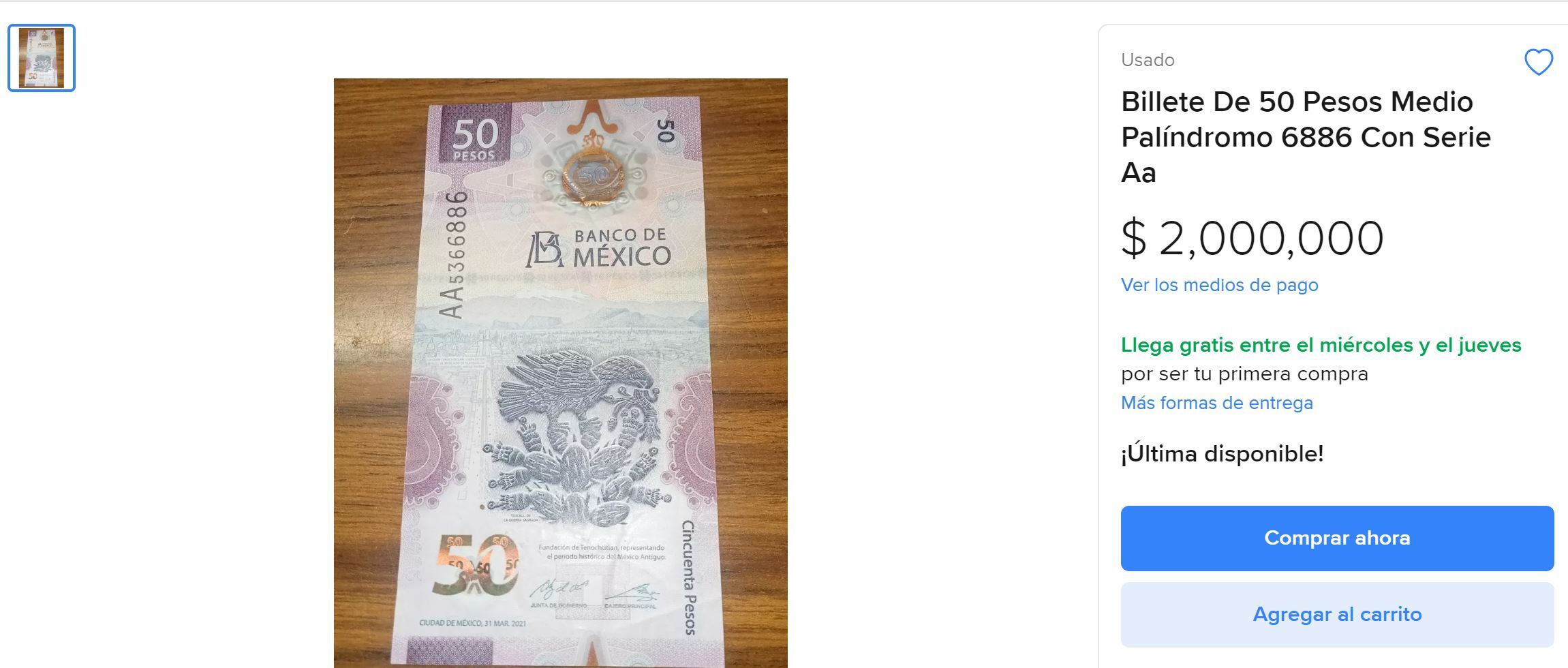 Billete 50 pesos. (Foto: Mercado Libre)