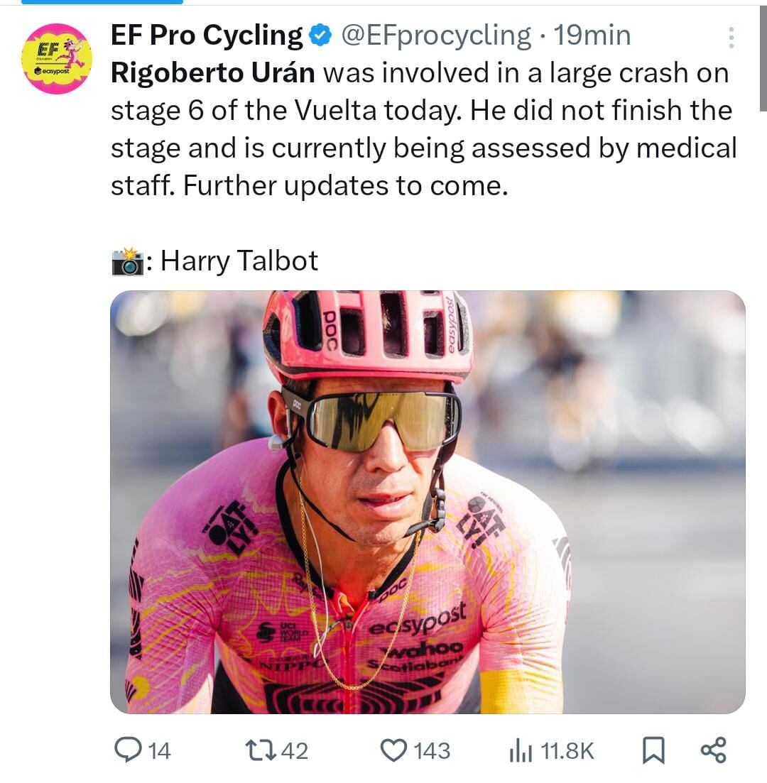 Equipo del ciclista colombiano confirman accidente que sufrió en la Vuelta a España 2024 - crédito @EFprocycling/X