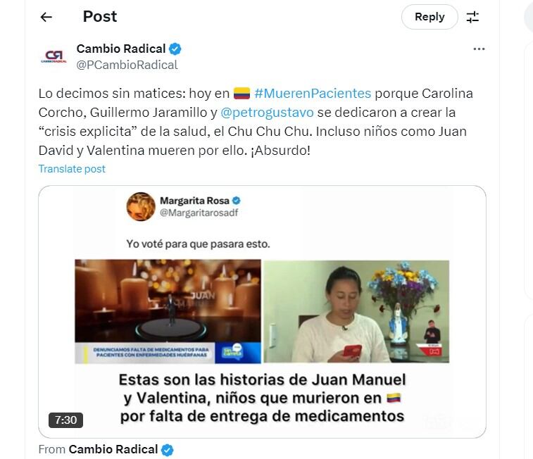 Cambio Radical cuestionó la gestión de medicamentos en el país por muerte de menor de edad - crédito @PCambioRadical