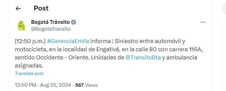 Bogotá Tránsito informó sobre un accidente en la localidad de Engativá - crédito @BogotaTransito