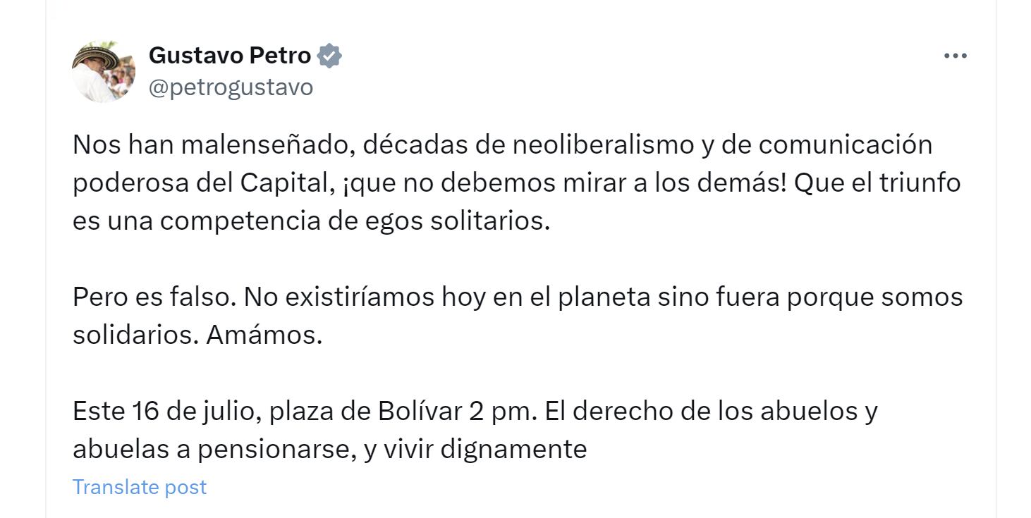 El presidente Gustavo Petro resaltó la importancia de la solidaridad para defender la reforma pensional - crédito @petrogustavo/X