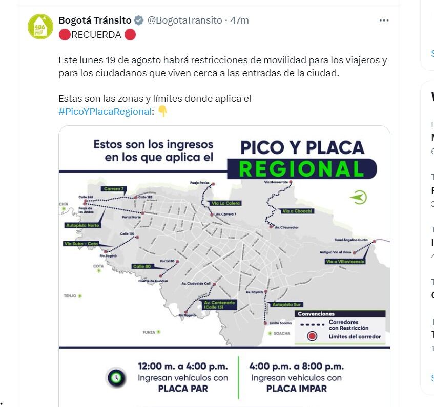 Bogotá Tránsito recuerda a bogotanos que el 19 de agosto habrá restricciones de movilidad - crédito @BogotaTransito