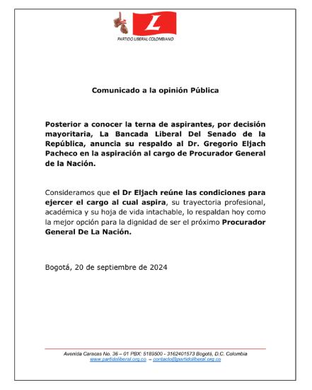 El Partido Liberal oficializó su respaldo a Gregorio Eljach - crédito @PartidoLiberal/X