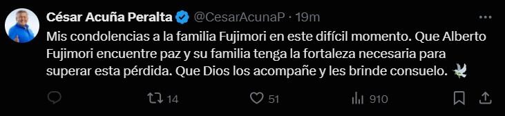 César Acuña envío condolencias a la familia de Alberto Fujimori. (Fuente: X/@CesarAcunaP)