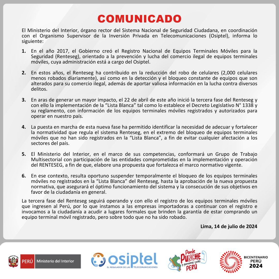 Comunicado de Osiptel y Ministerio del Interior