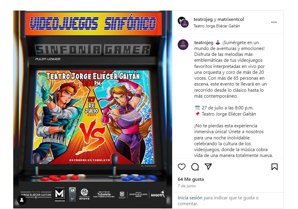 El concierto en el Teatro Jorge Eliécer Gaitán combina la nostalgia de videojuegos y anime con la potente interpretación de una banda de rock y un coro - crédito Captura de pantalla Instagram