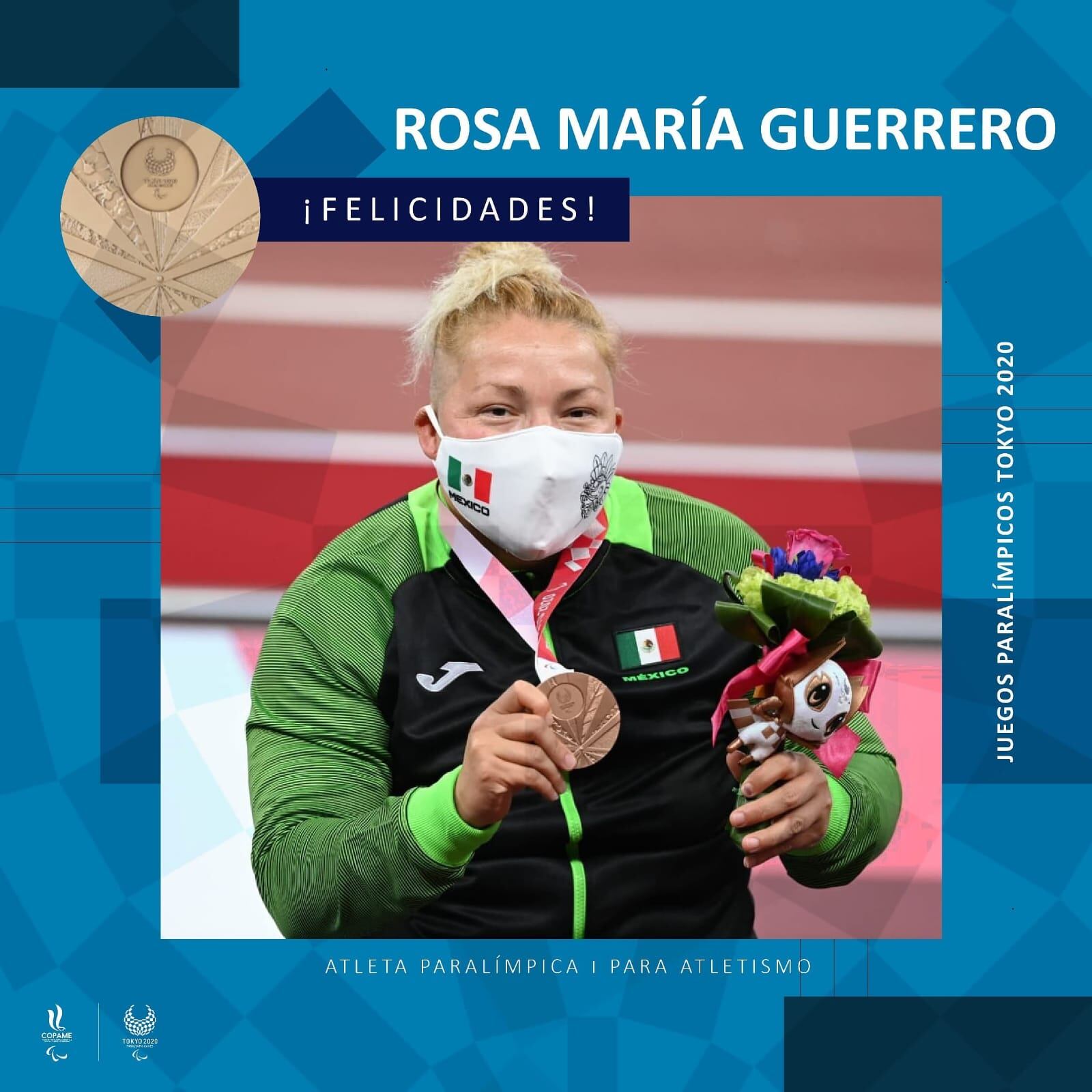 La paratleta Rosa María Guerrero ganó la medalla de bronce en la prueba de lanzamiento de disco en la justa veraniega de Tokio 2020. (Foto: Comité Paralímpico Mexicano)