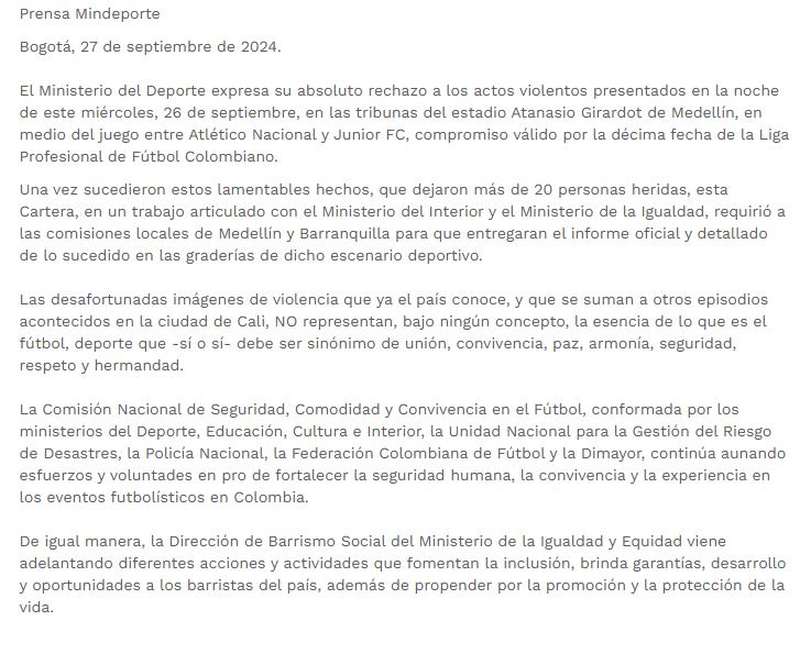 La entidad gubernamental se pronunció acerca de lo que ocurrió en el Atanasio Girardot de Medellín entre los hinchas de Atlético Nacional y Junior de Barranquilla - crédito página oficial del Ministerio del Deporte