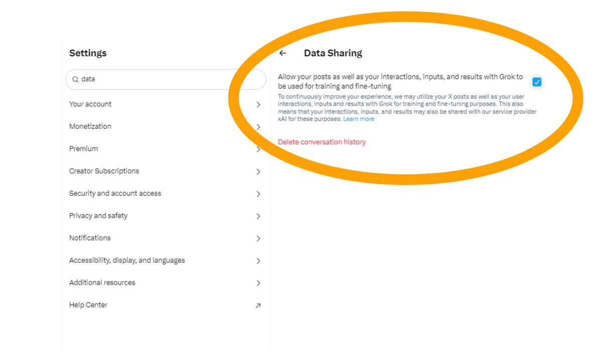 Los usuarios deben ir a los ajustes de privacidad y seguridad para evitar que X utilice sus datos. (X)