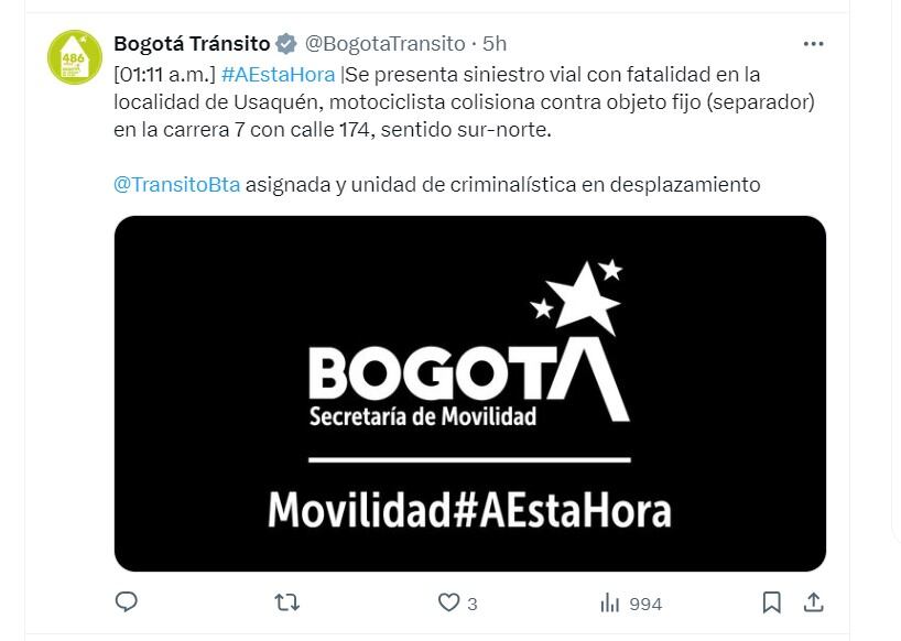 Bogotá Tránsito  informó de un accidente en la localidad de Usaquén - crédito @BogotaTransito