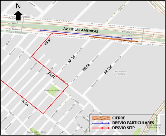 Cierre en la Avenida de Las Américas entre las carreras 56 y 53F. (Crédito: Secretaría de Movilidad)