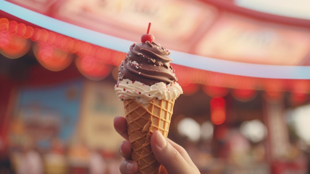 Cono de helado de chocolate, frutilla y vainilla rociado con chispas de colores en un día de feria con tonalidad pastel. (Imagen ilustrativa Infobae)