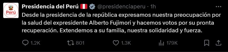 Presidencia del Perú se pronuncia por salud de Alberto Fujimori. (Fuente: X/ @presidenciaperu)