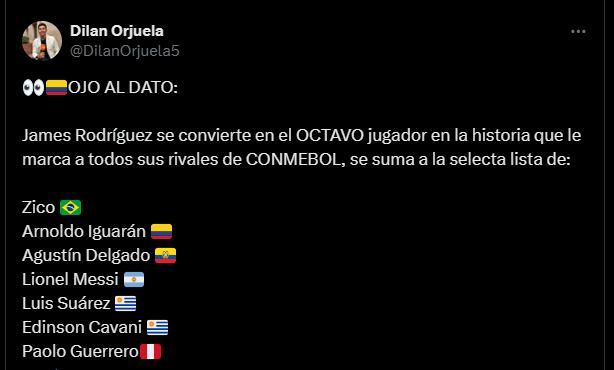 Mediante el siguiente trino, el periodista informó sobre la hazaña de James Rodríguez - crédito @DilanOrjuela5 / X