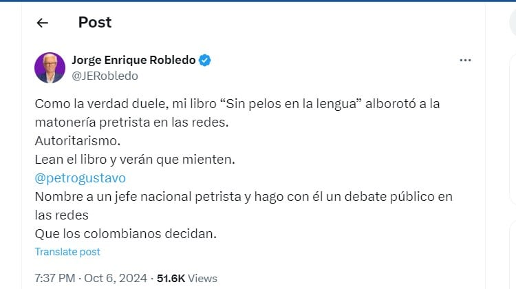 Jorge Robledo defendió su libro por las críticas que ha recibido en redes sociales - crédito @JERobledo