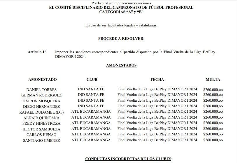 La resolución 0050 de Dimayor donde estipula la sanción a los jugadores que disputaron la final del FPC 2024-I