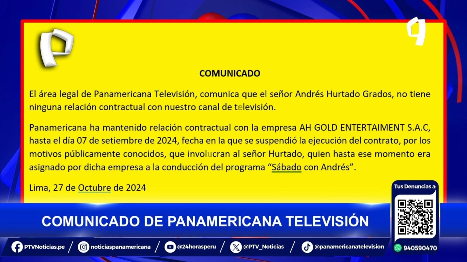 Comunicado de Panamericana Televisión sobre Andrés Hurtado.