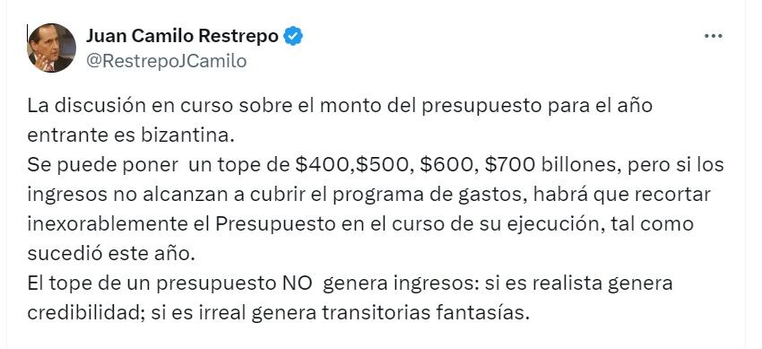 Juan Camilo Restrepo, exministro de Hacienda, advirtió que el tope de un PGN no genera ingresos - crédito @RestrepoJCamilo