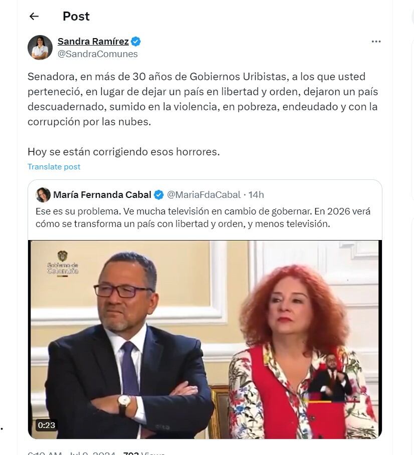 Sandra Ramírez le contestó a la senadora María Fernanda Cabal - crédito @SandraComunes