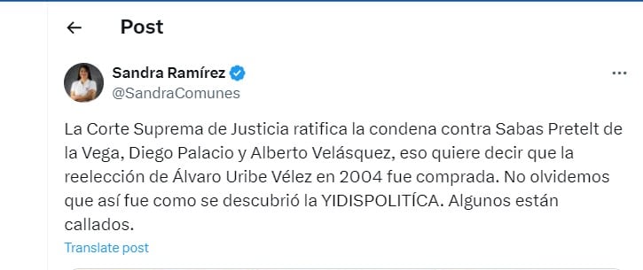 Sandra Ramírez habló de la reciente decisión con respecto al caso de la Yidispolitica - crédito @SandraComunes