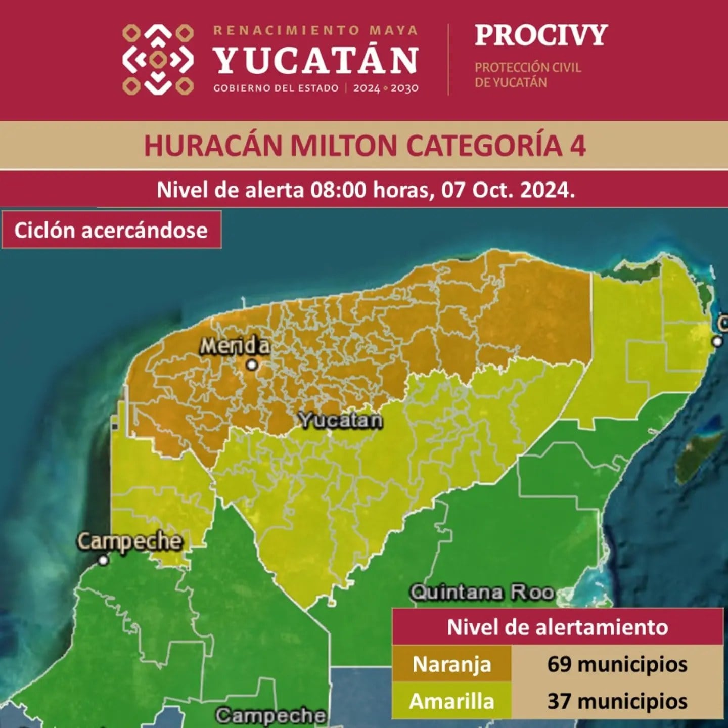 Protección Civil emite alerta en la Península de Yucatán por el Huracán Milton, ahora en Categoría 4