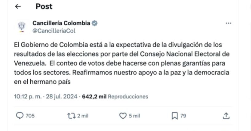 Cancillería de Colombia sobre elecciones en Venezuela