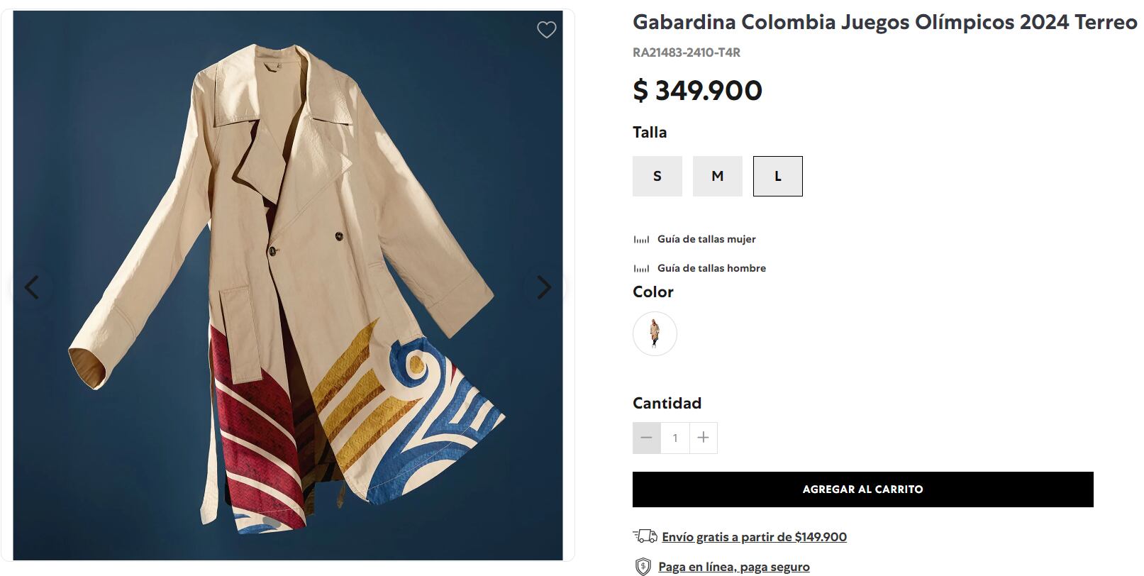 La elegante gabardina caqui con los colores de la bandera utilizada por Colombia en la ceremonia es la última tendencia en moda - crédito Totto / Página web oficial