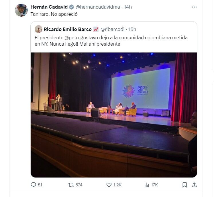 Hernán Cadavid comentó la inasistencia del presiente Petro a evento con colombianos en Nueva York - crédito @hernancadavidma