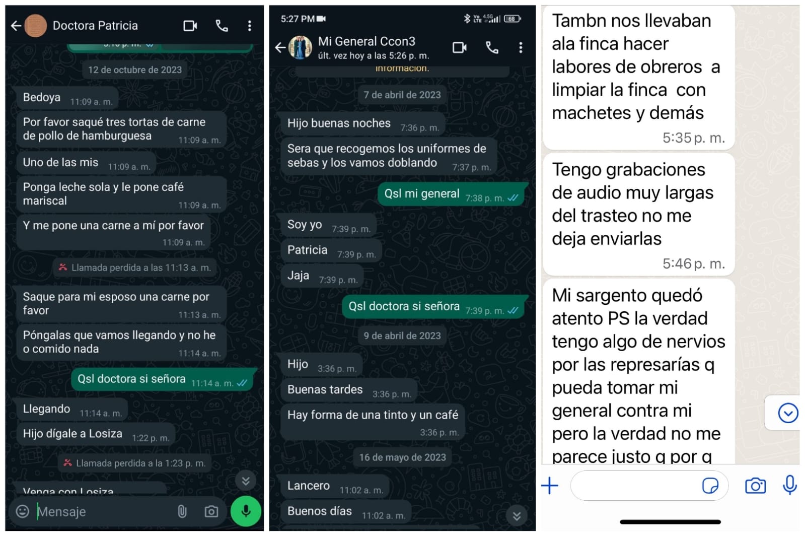 El sargento Chala reveló en redes sociales pruebas de soldados limpiando, cocinando y lavando ropa para el general Pérez Mahecha y su esposa - crédito @SARGENTOCHALA / X