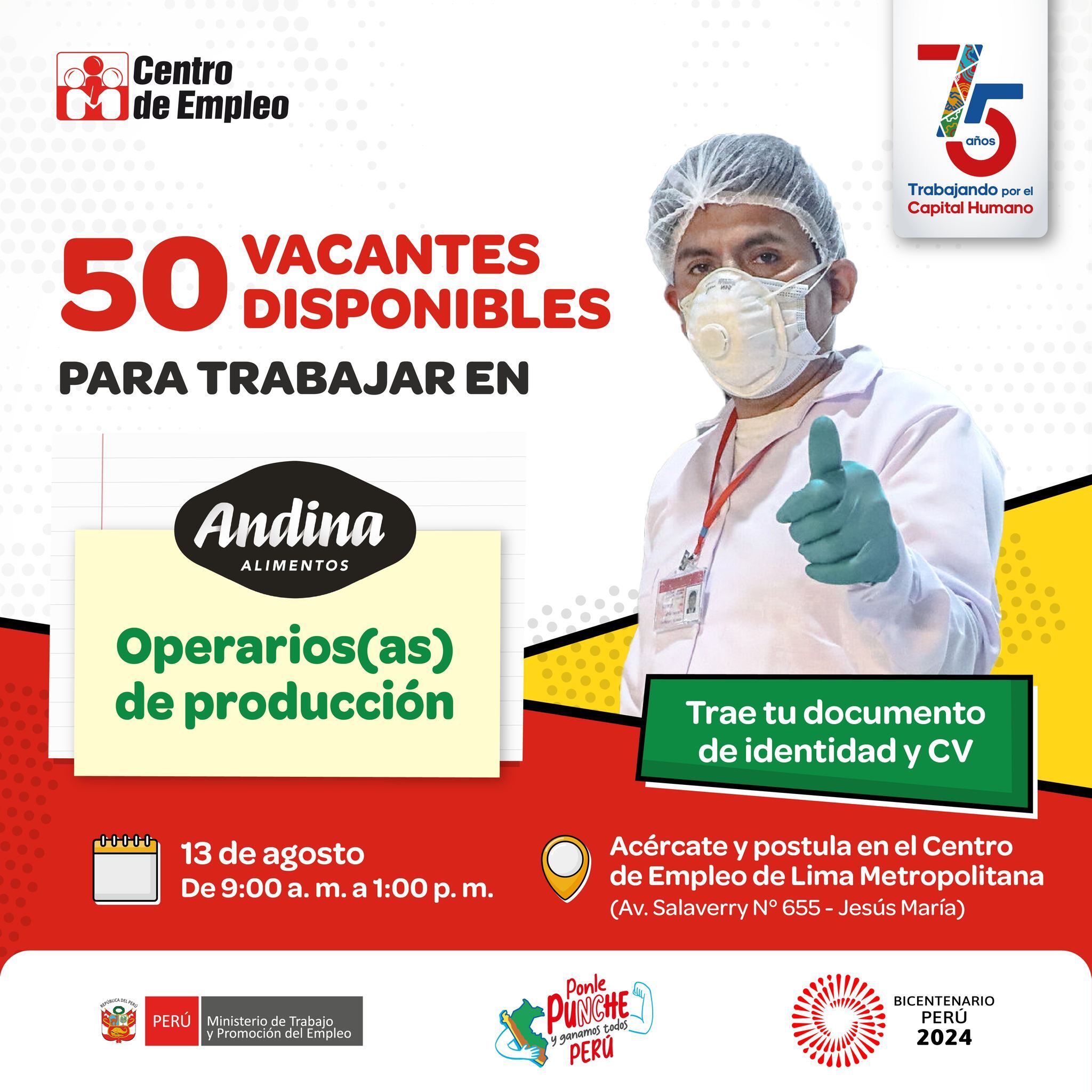 La nueva convocatoria laboral del MTPE pone a disposición del público un total de 50 puestos de trabajo como operarios de producción.