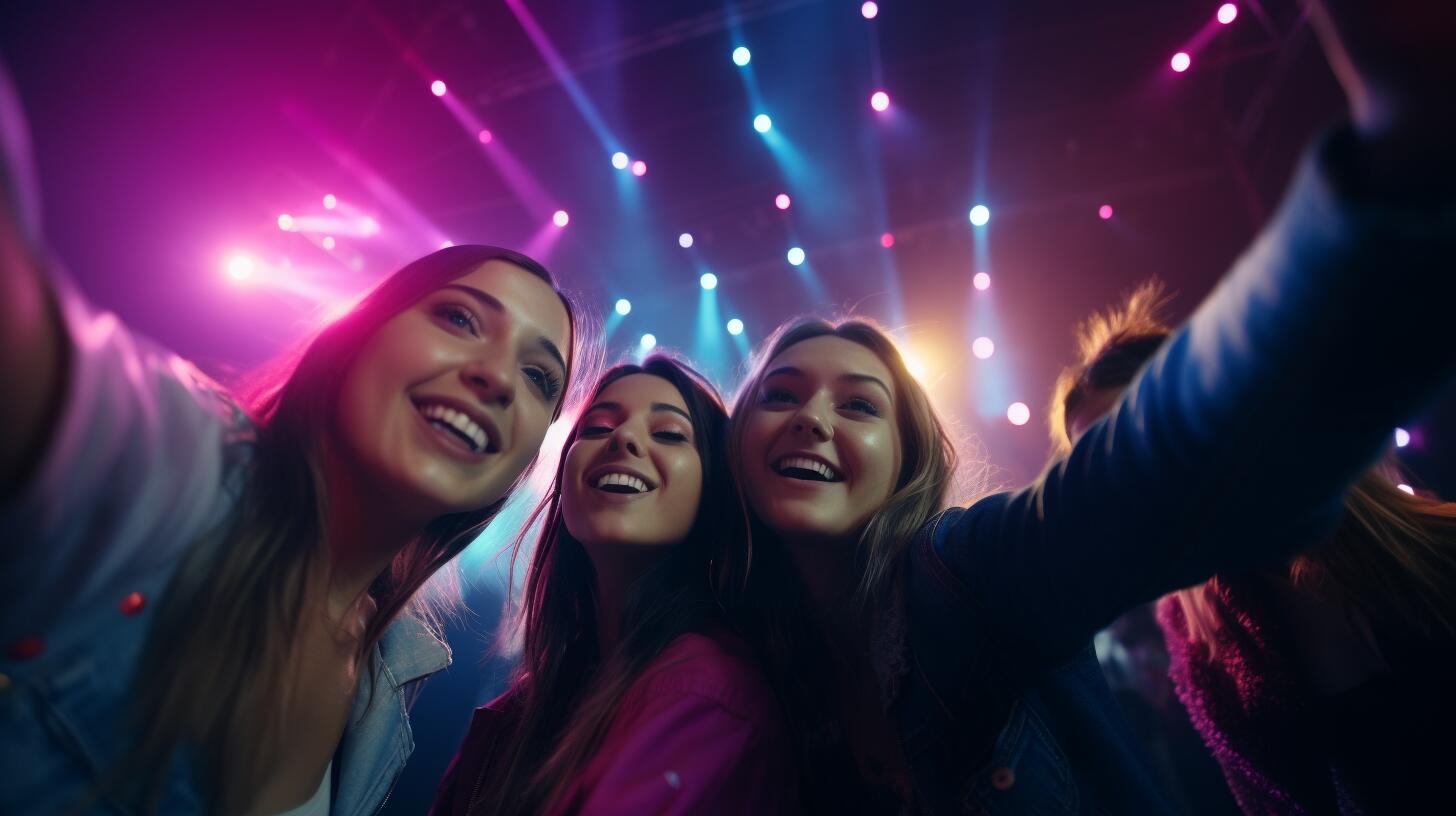 Imagen ilustrativa de un grupo de amigas radiantes tomándose una selfie en un concierto, reflejando la conexión emocional y la alegría compartida en eventos culturales. (Imagen ilustrativa Infobae)