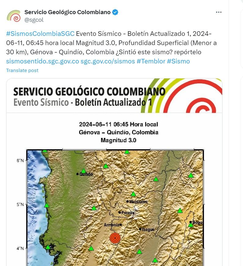 Servicio Geológico Colombiano informó de un sismo en Quindío - crédito @sgcol