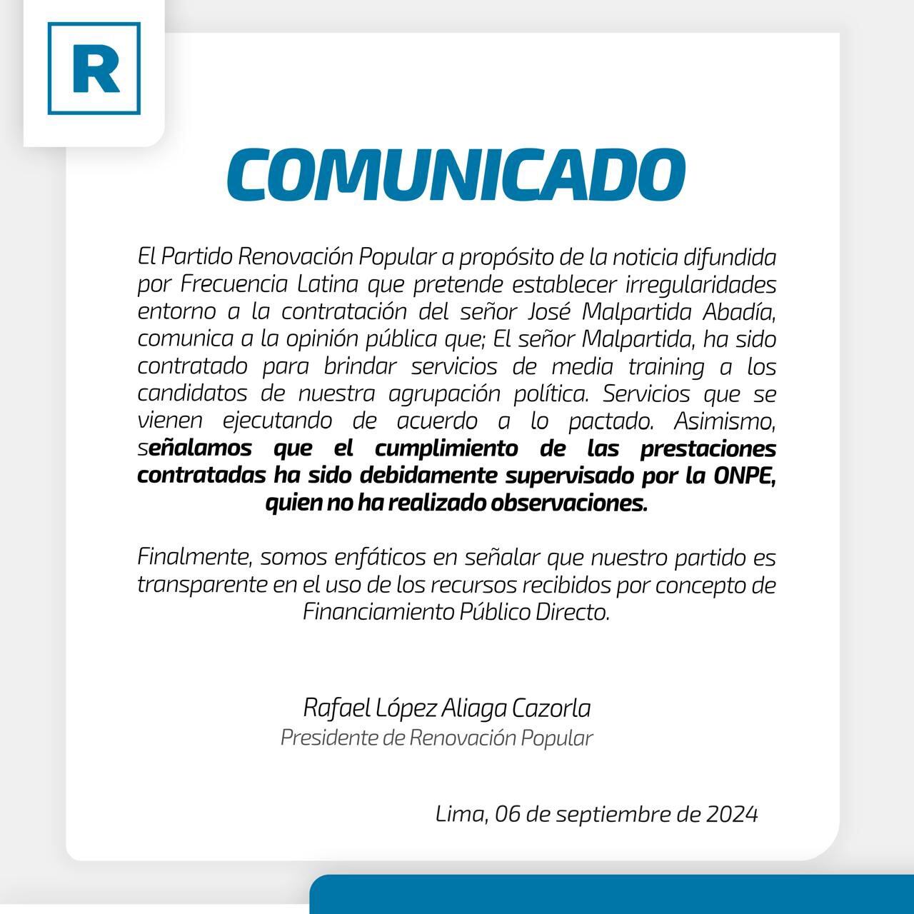 Comunicado emitido por Renovación Popular.