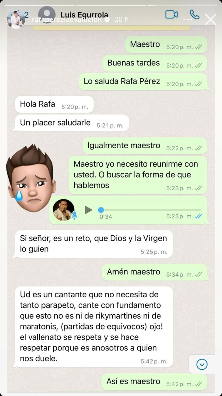 También le dedicaron emotivos mensajes el artista Rafa Pérez, quien publicó la captura de pantalla de una de las últimas conversaciones que sostuvieron; así como el compositor Gustavo Gutiérrez - crédito @rafaperezlaevolucion/Instagram