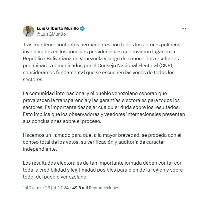 Pronunciamiento del canciller colombiano sobre los resultados electorales en Venezuela. (Crédito: @LuisGMurillo / X)