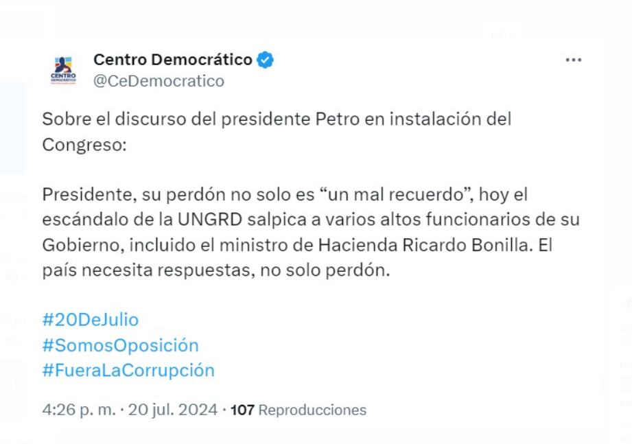 El Centro Democrático reaccionó al discurso de Petro criticando que el país necesita respuestas concretas al escándalo de la Ungrd y no solo una disculpa - crédito @CeDemocratico / X