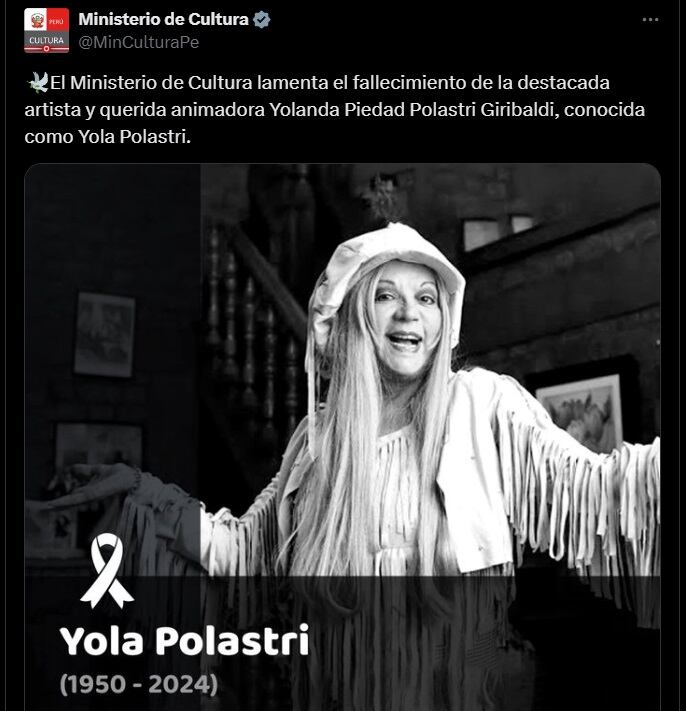 Ministerio de Cultura lamenta el fallecimiento de Yola Polastri.