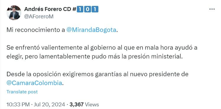 El congresista acompañó la postulación de Katherine Miranda a la presidencia de la Cámara - crédito @AForeroM/X