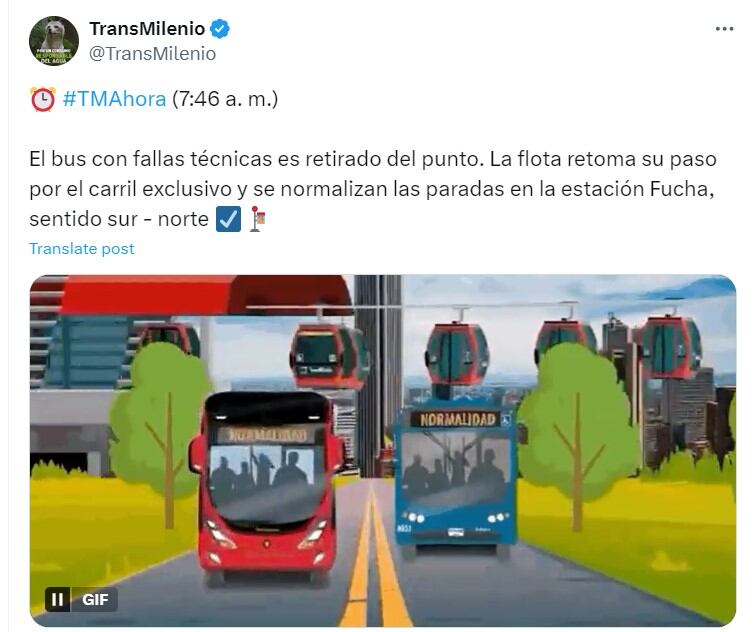 El bus articulado de Transmilenio que se encontraba varado en el punto, fue retirado por las autoridades - crédito @TransMilenio/X