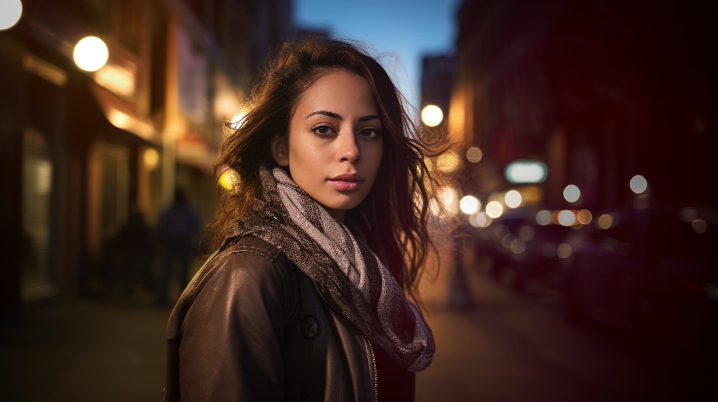 Retrato de una mujer latina en la calle durante la noche, disfrutando de la actividad nocturna y la cultura de la ciudad, rodeada de bares y luces brillantes. (Imagen ilustrativa Infobae)